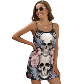 Gothic Skulls And Flowers V-Neck Slip Dress