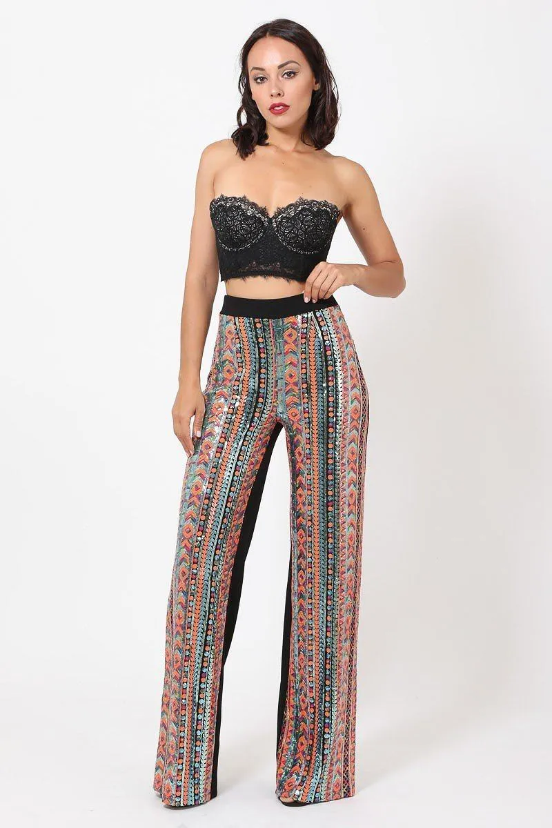 High Waist Colorful Sequins Pattern Pants