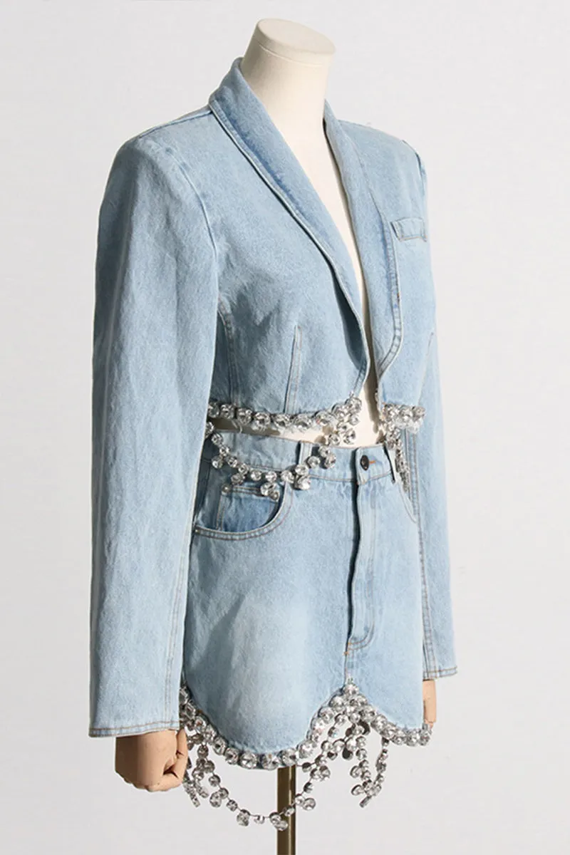 HUS1413 Crystal Fringe Denim Set