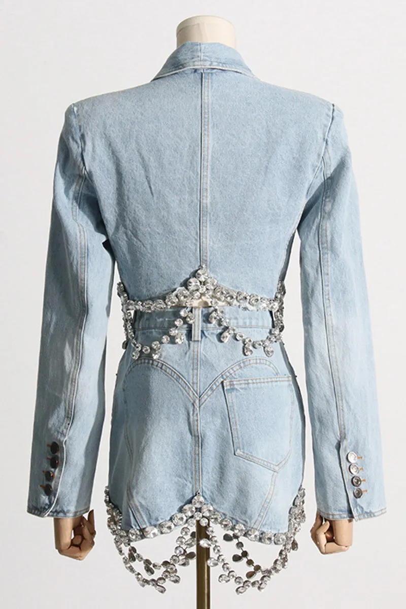 HUS1413 Crystal Fringe Denim Set