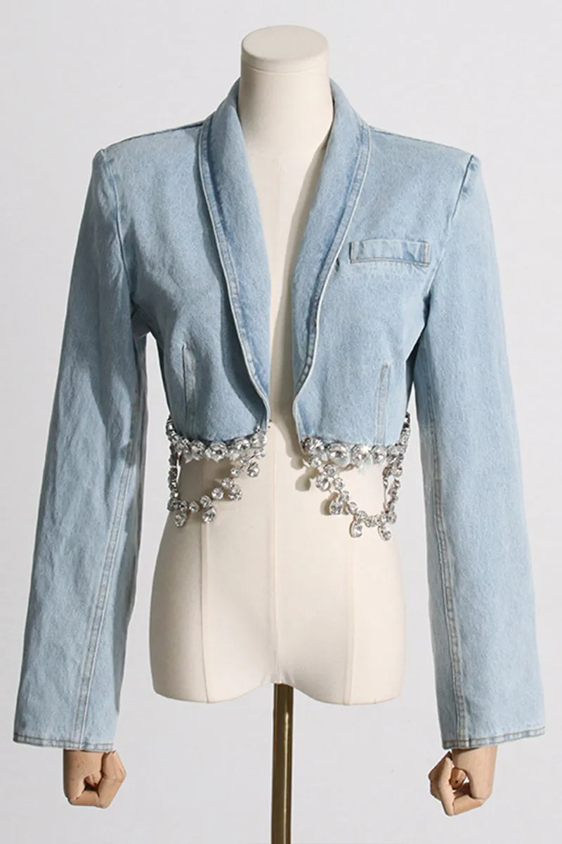 HUS1413 Crystal Fringe Denim Set