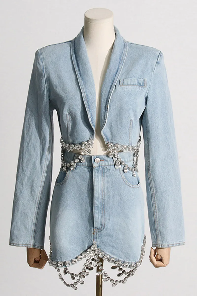HUS1413 Crystal Fringe Denim Set