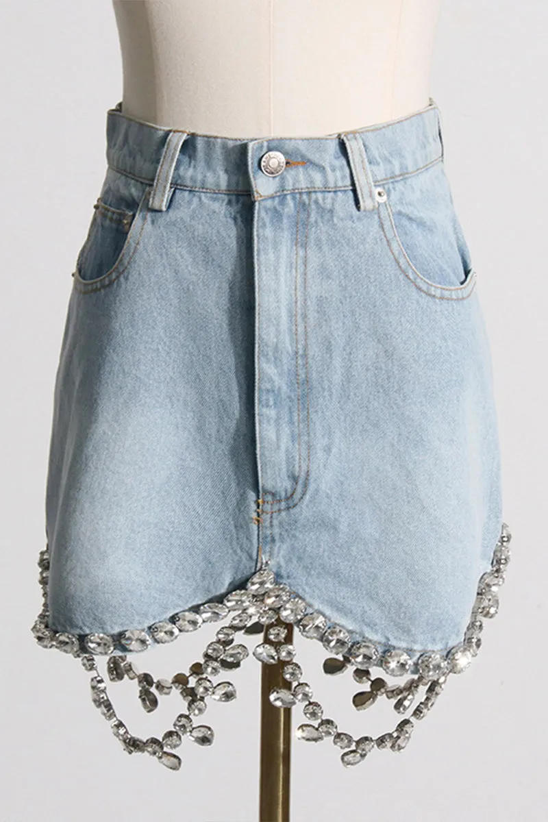 HUS1413 Crystal Fringe Denim Set