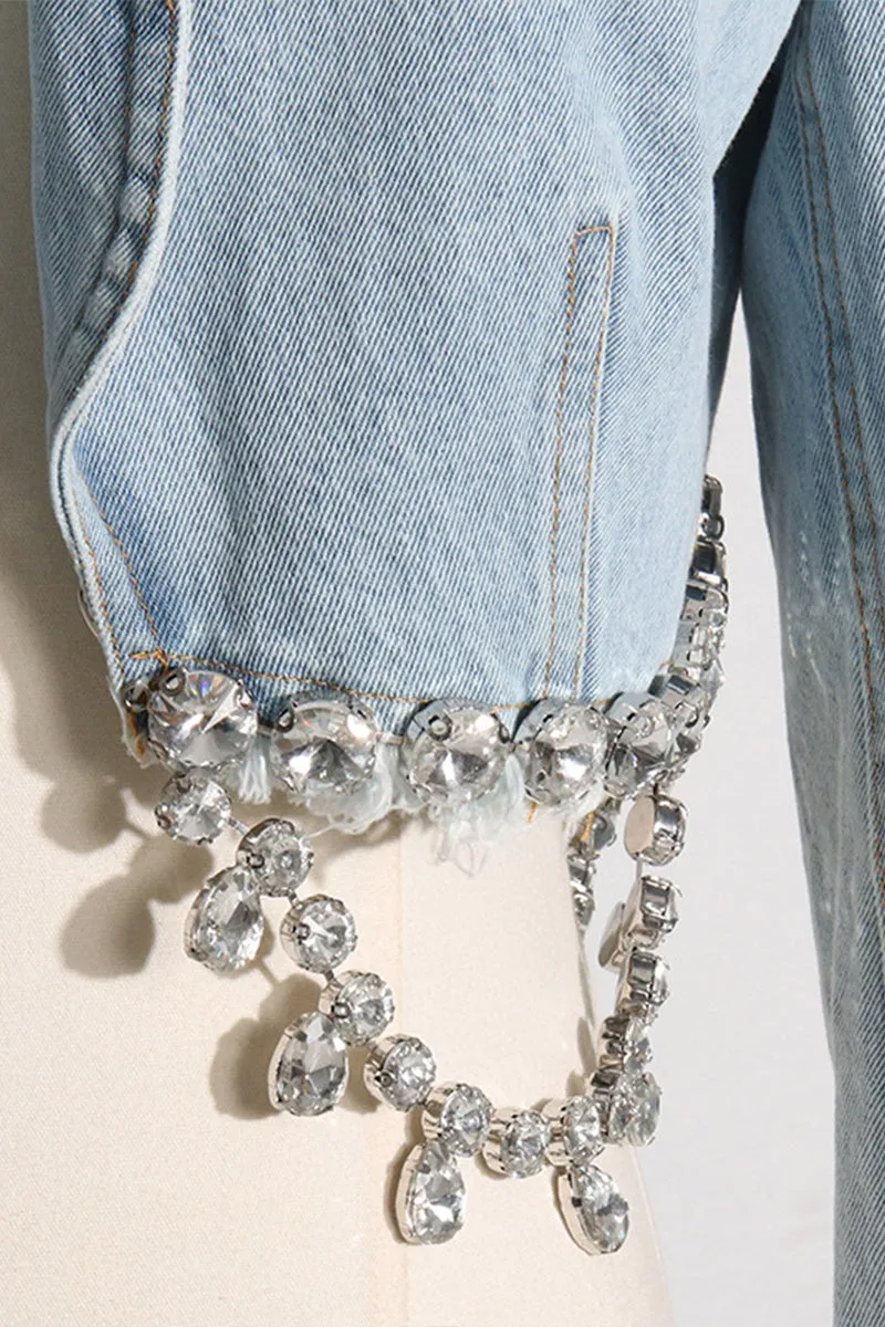 HUS1413 Crystal Fringe Denim Set