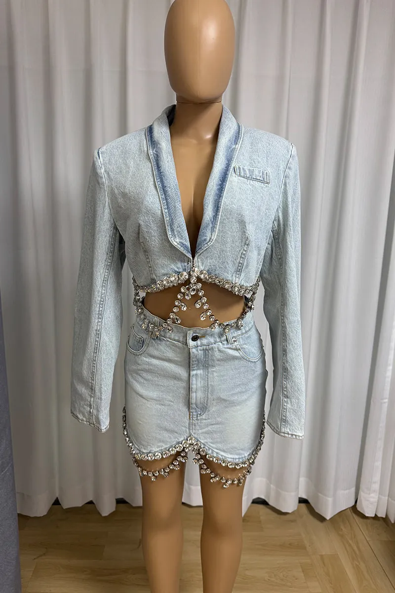 HUS1413 Crystal Fringe Denim Set