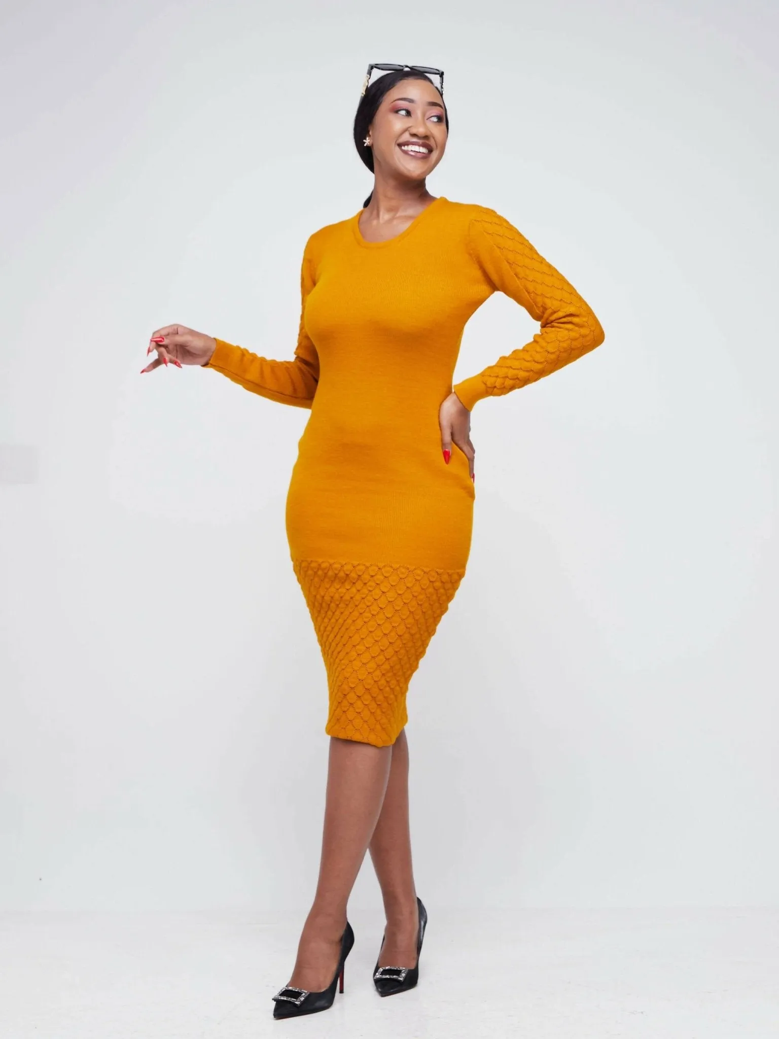 Infy Knit Wear Zuri Bodycon Dress Below The Knee - Mustard
