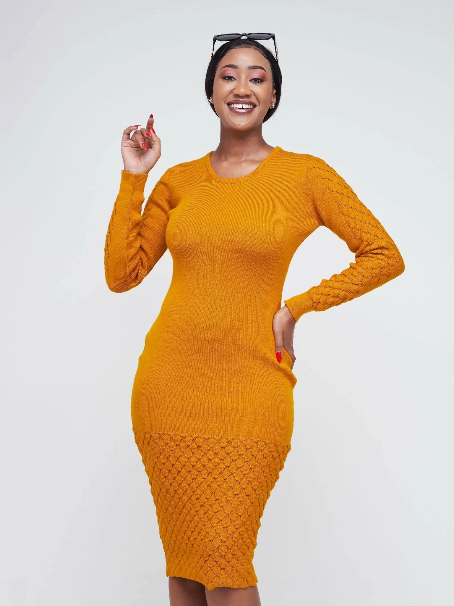 Infy Knit Wear Zuri Bodycon Dress Below The Knee - Mustard