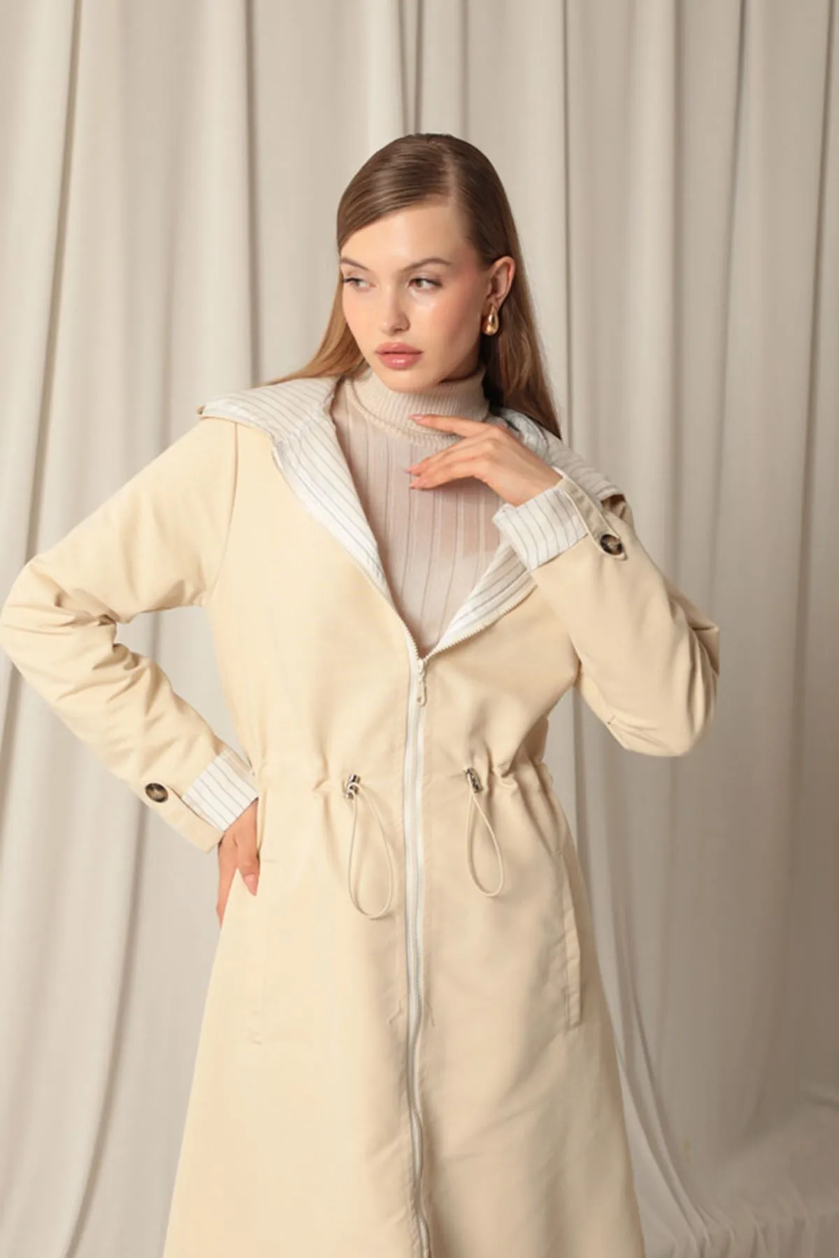 KKT Torino Fabric Striped Hooded Women's Stone Raincoat - Wolverhampton