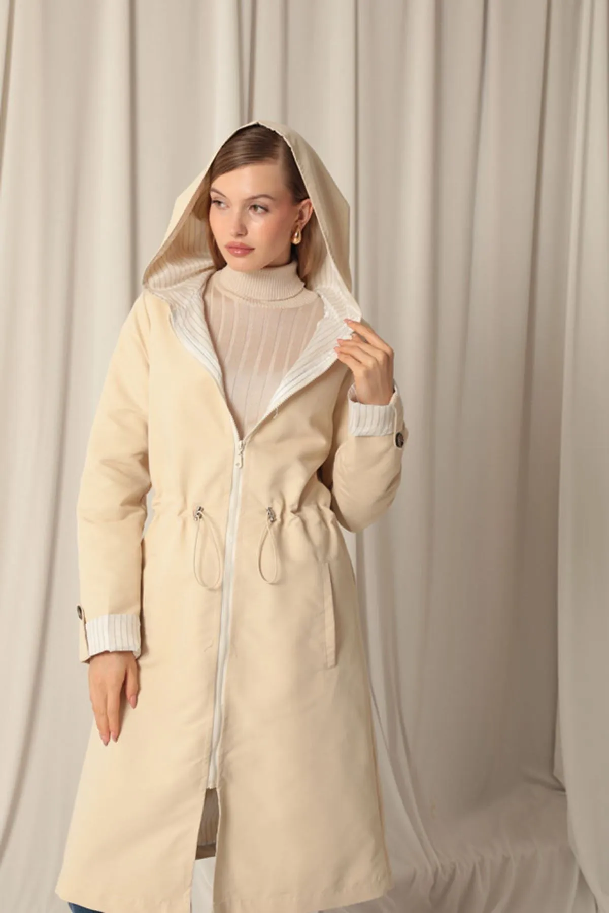 KKT Torino Fabric Striped Hooded Women's Stone Raincoat - Wolverhampton