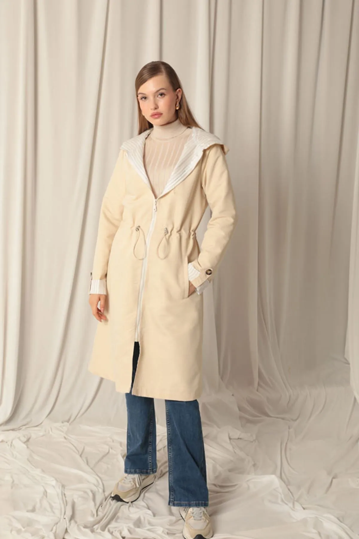 KKT Torino Fabric Striped Hooded Women's Stone Raincoat - Wolverhampton