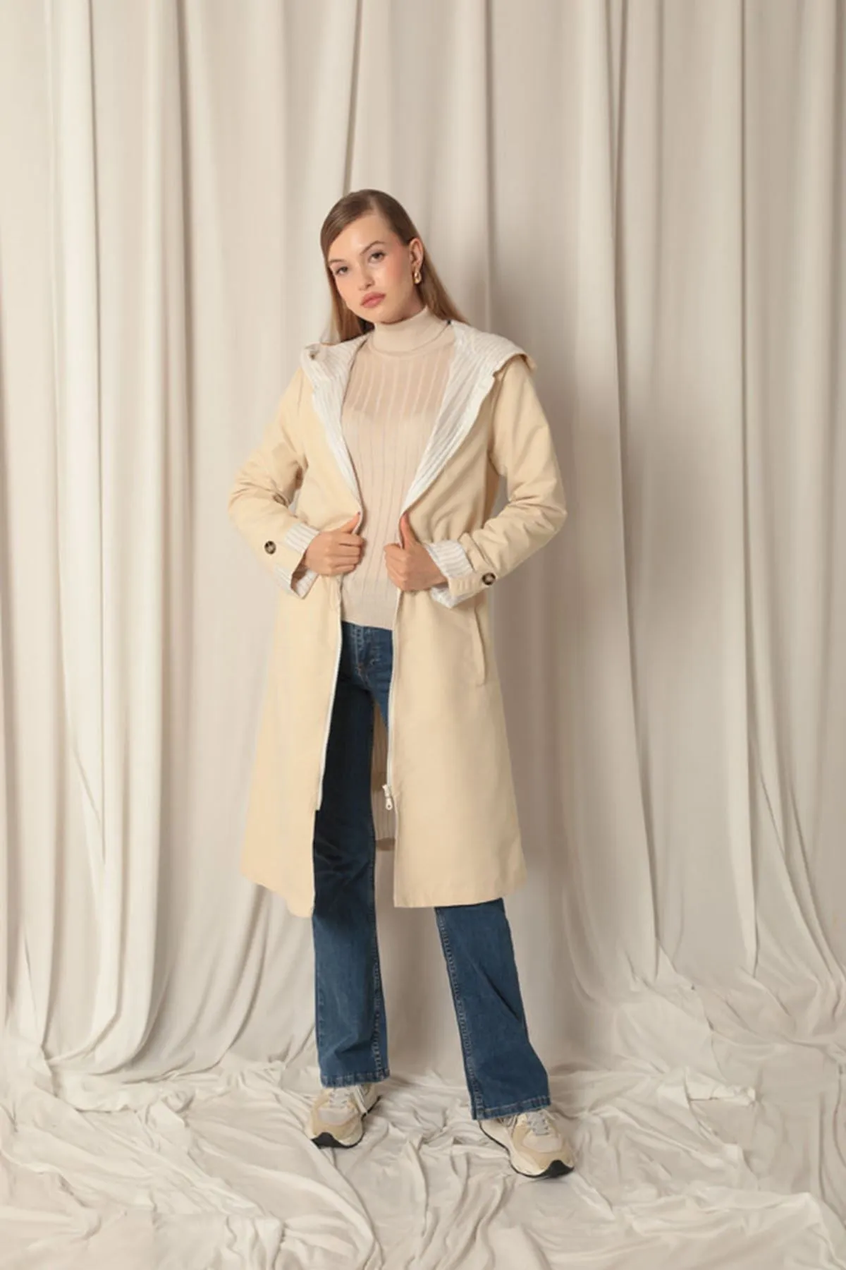 KKT Torino Fabric Striped Hooded Women's Stone Raincoat - Wolverhampton