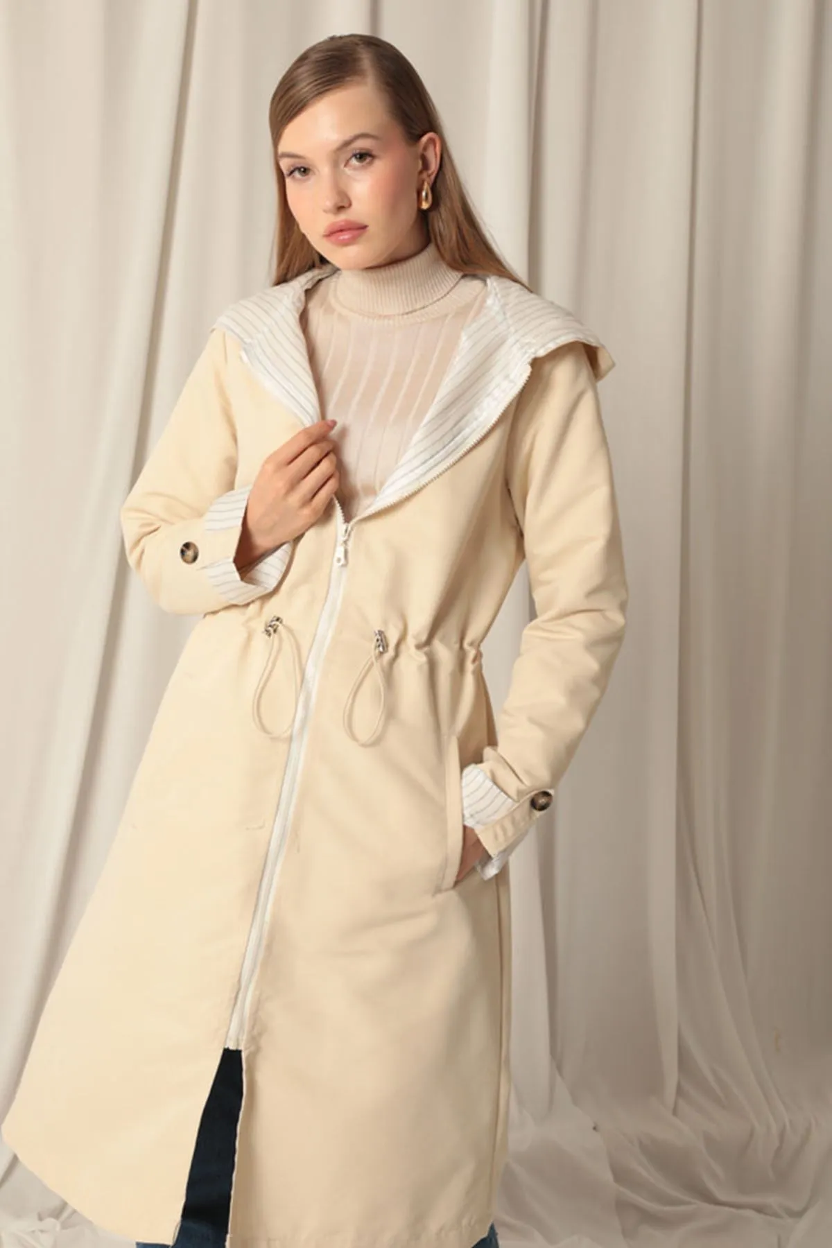 KKT Torino Fabric Striped Hooded Women's Stone Raincoat - Wolverhampton
