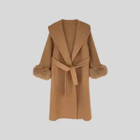 Luxurious Cashmere Long Coat With Fox Fur Cuffs - Brown
