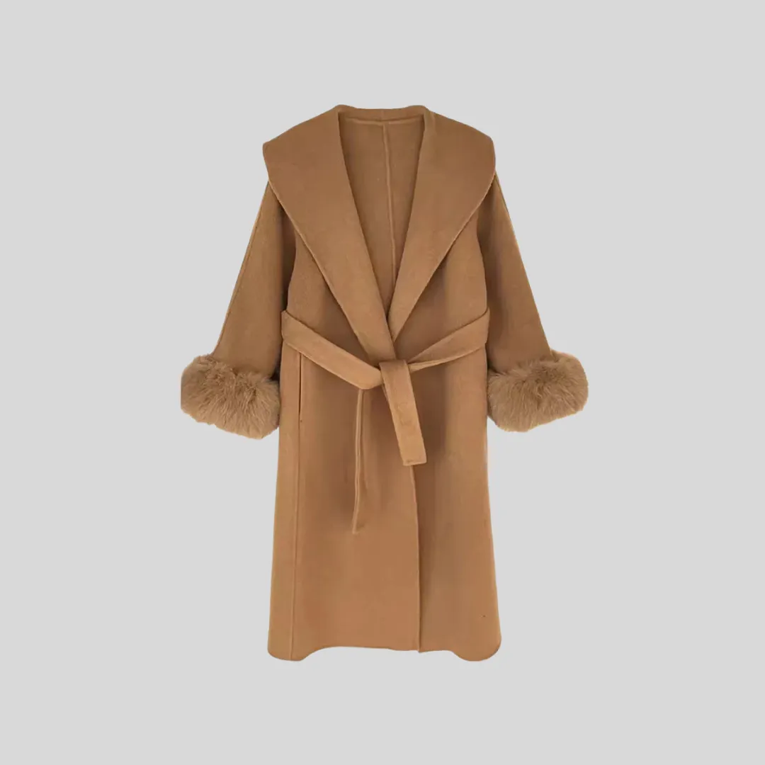 Luxurious Cashmere Long Coat With Fox Fur Cuffs - Brown