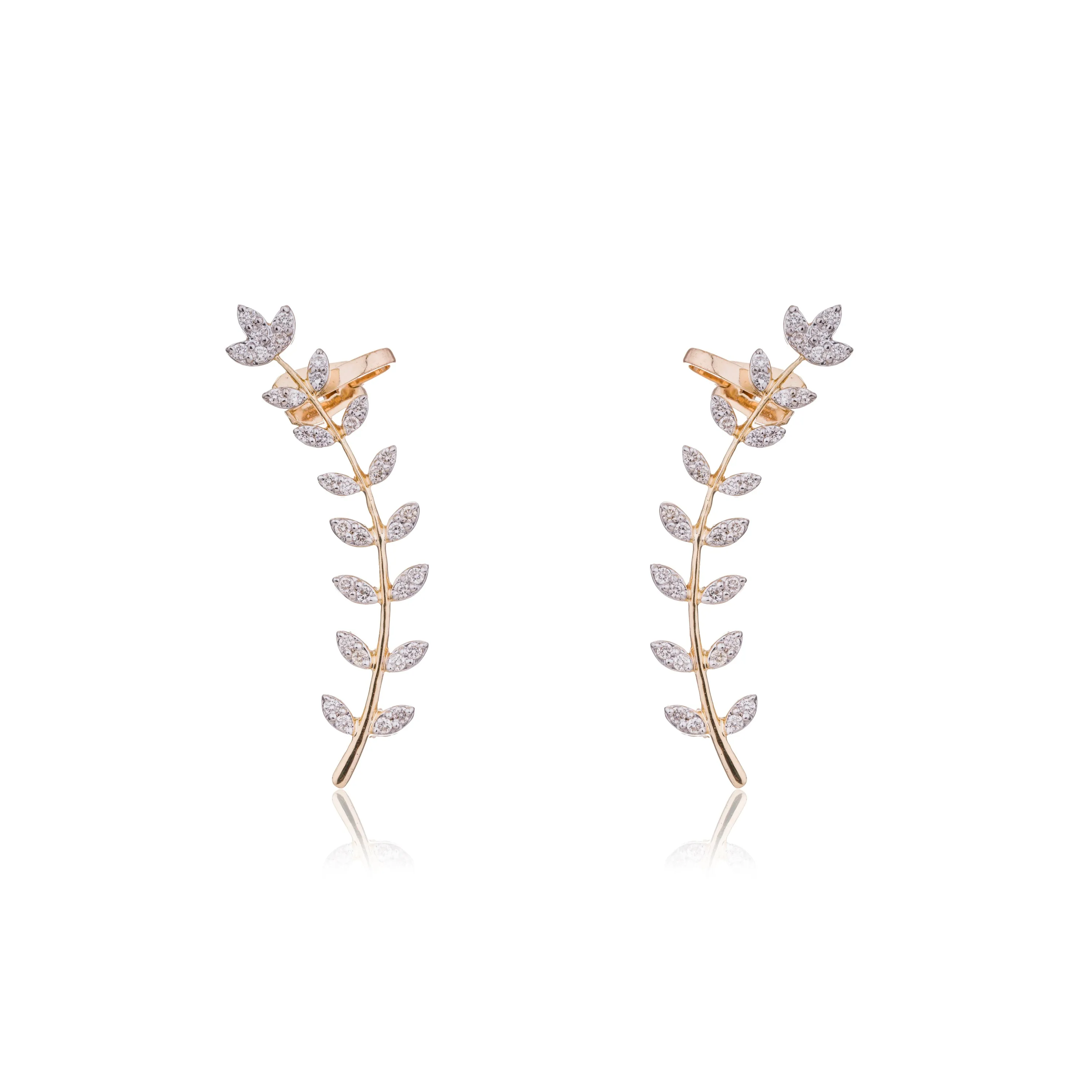 Marsha, 8 Leaf Diamond Climber Earrings, 14K Yellow Gold