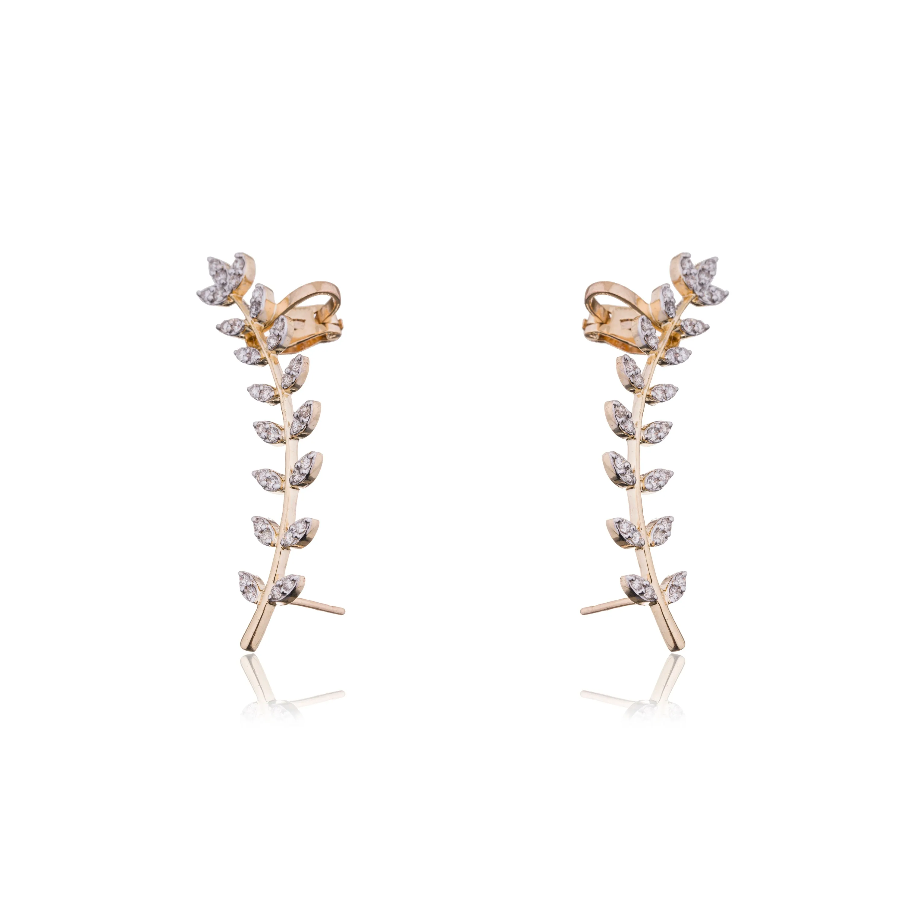 Marsha, 8 Leaf Diamond Climber Earrings, 14K Yellow Gold