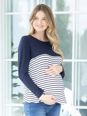 Maternity and Nursing Long Sleeve Striped Top in Navy