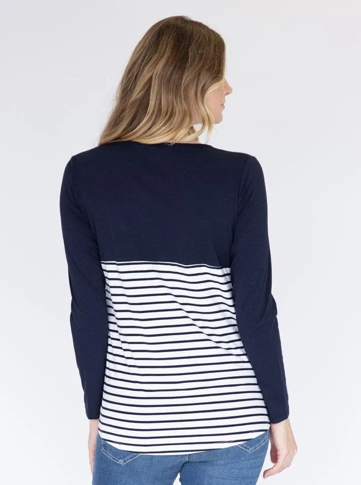 Maternity and Nursing Long Sleeve Striped Top in Navy