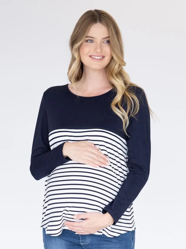 Maternity and Nursing Long Sleeve Striped Top in Navy