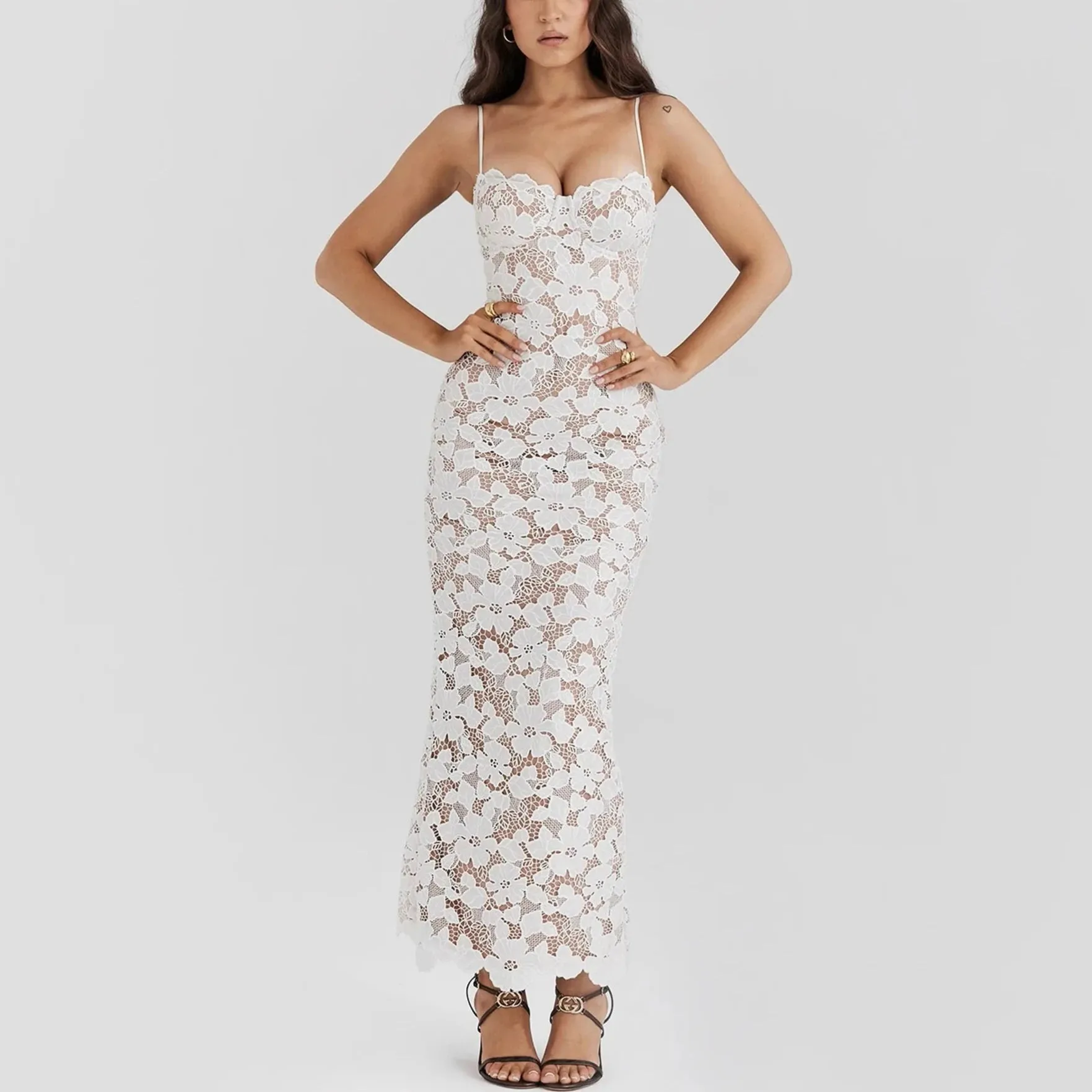 Mathilde - White Lace Up Floral Embroidered Maxi Dress