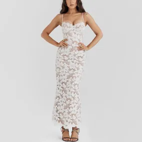 Mathilde - White Lace Up Floral Embroidered Maxi Dress