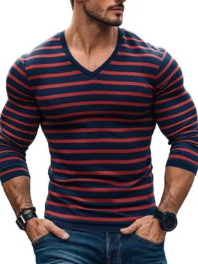 Men's Contrast Striped All-Match V-Neck Long-Sleeved T-Shirt