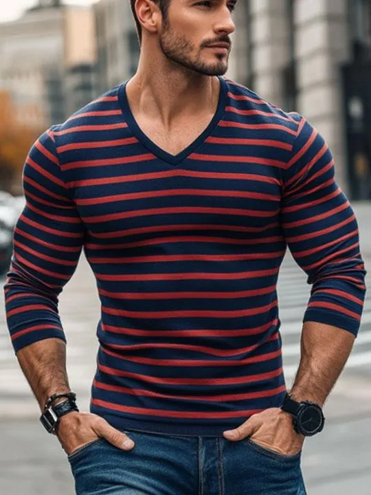 Men's Contrast Striped All-Match V-Neck Long-Sleeved T-Shirt