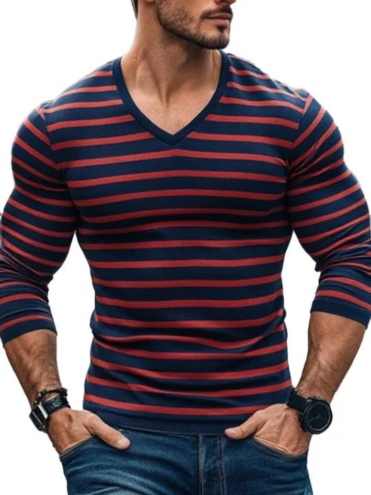 Men's Contrast Striped All-Match V-Neck Long-Sleeved T-Shirt
