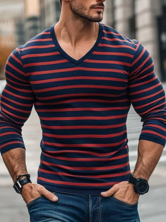 Men's Contrast Striped All-Match V-Neck Long-Sleeved T-Shirt