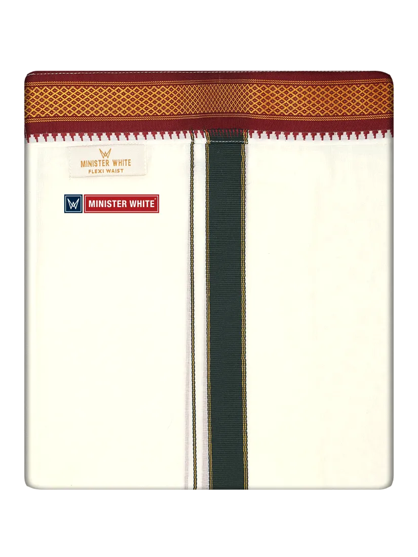 Mens Cotton Cream Double Layer with Myilkhgan Border Velcro Pocket Dhoti - Kanishka