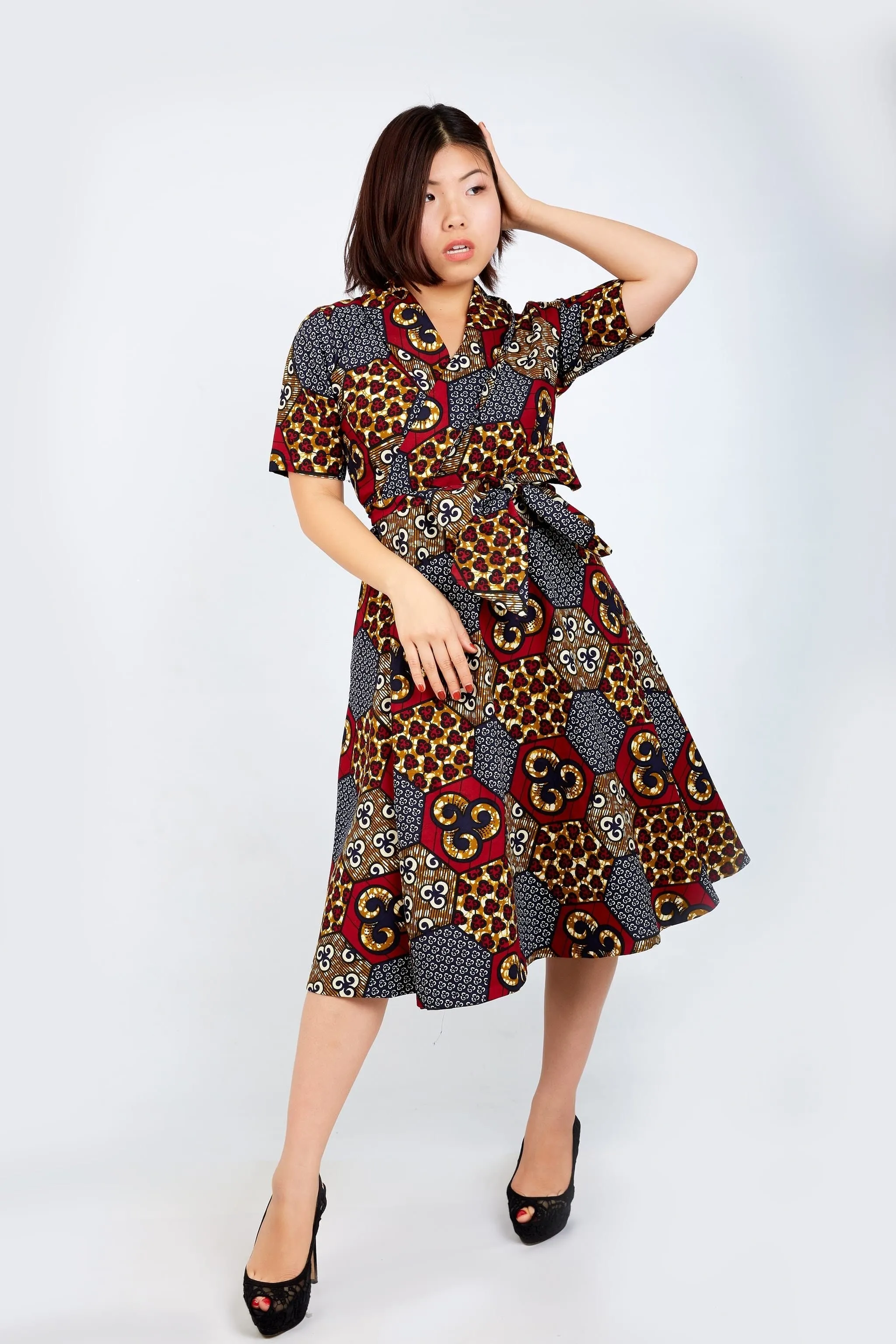 New in African Ankara Print Wrap Dress -Maroon