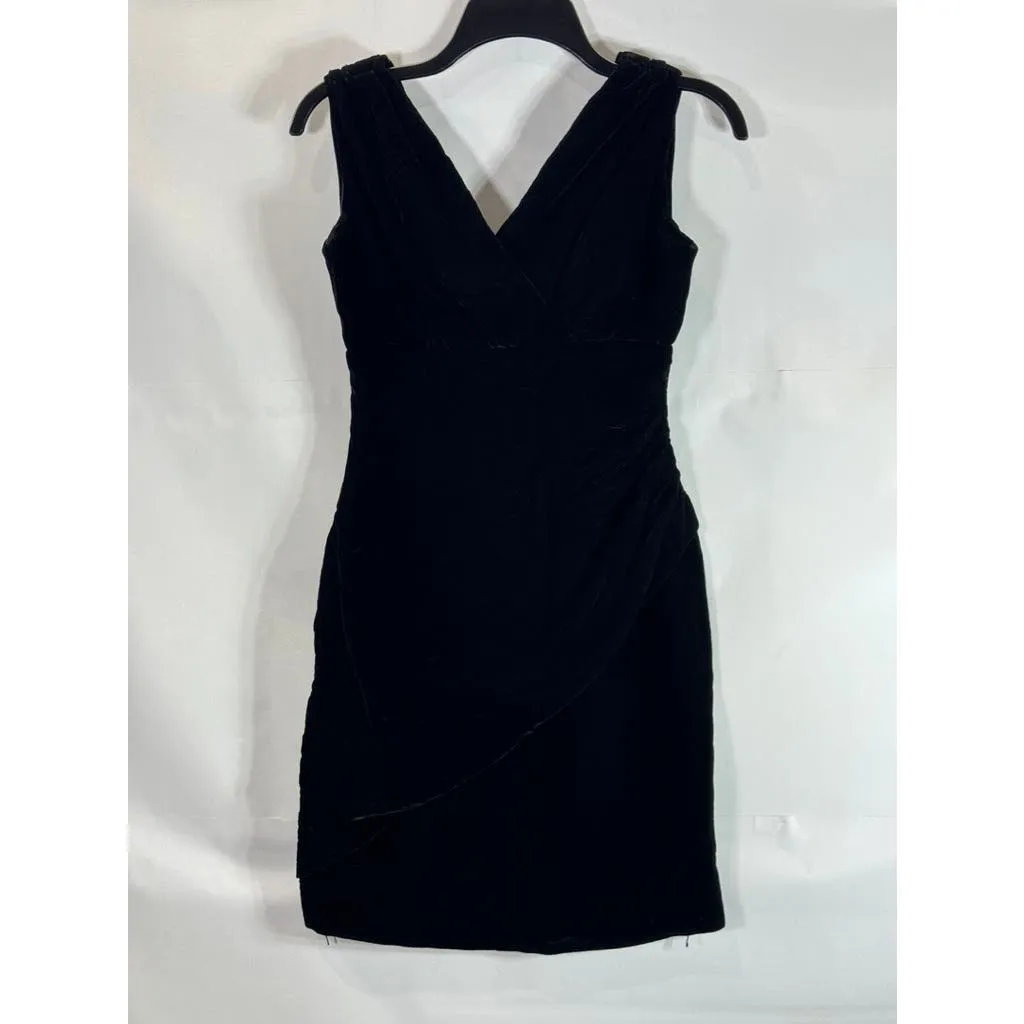 NICOLE MILLER Women's Black Velvet V-Neck Sleeveless Faux-Wrap Mini Dress SZ 4