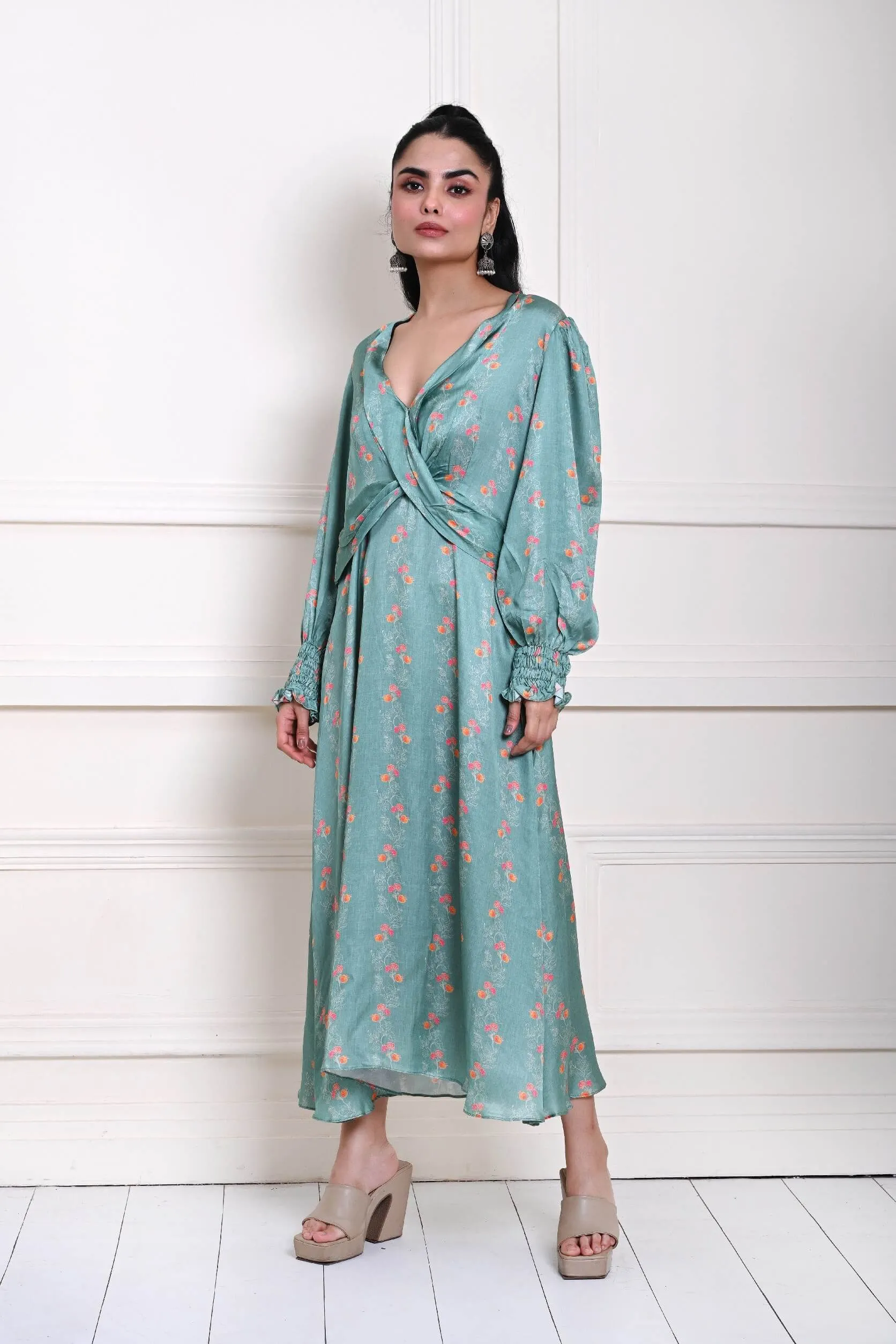Ocean Blue Printed Wrap Dress in Satin Silk