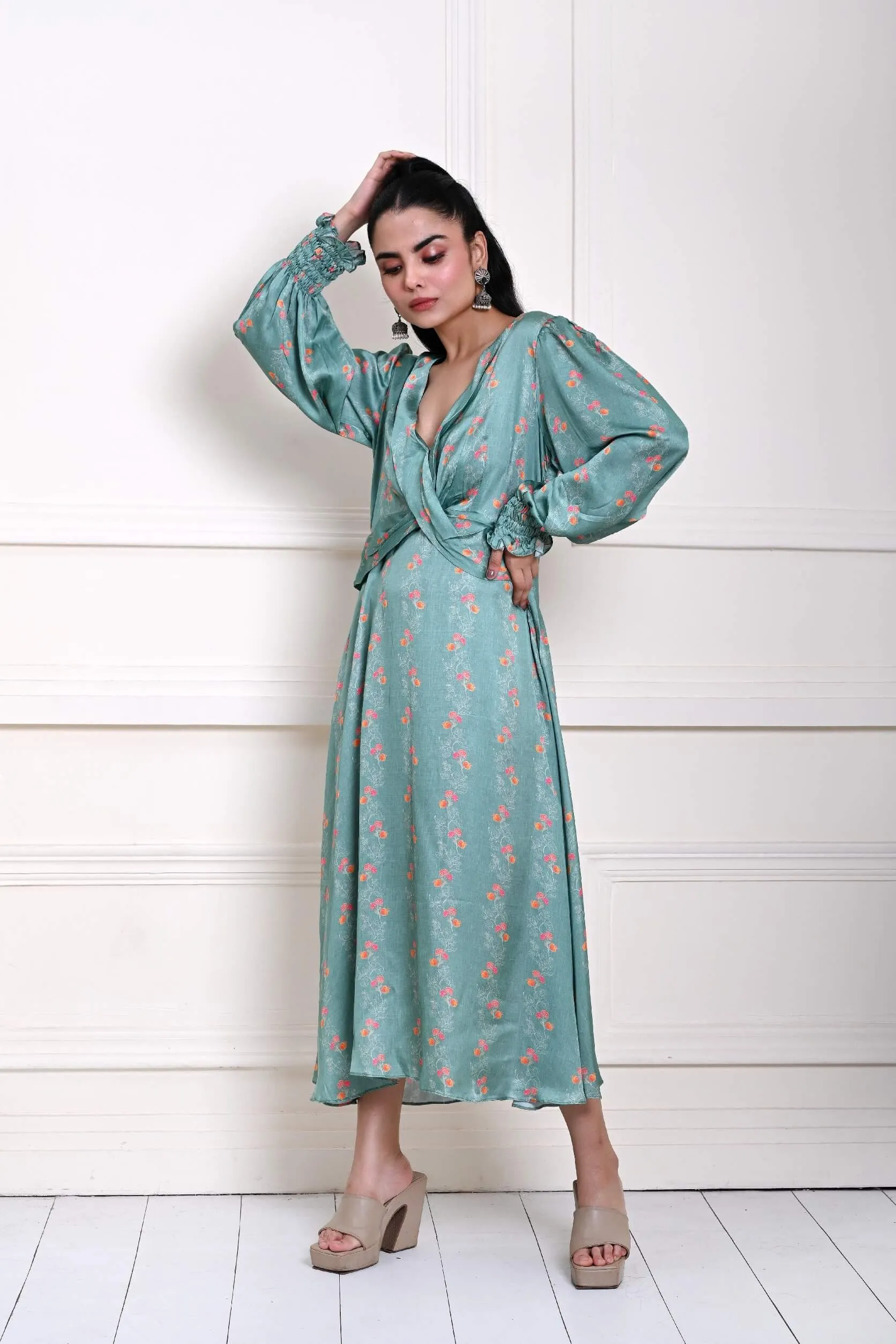 Ocean Blue Printed Wrap Dress in Satin Silk