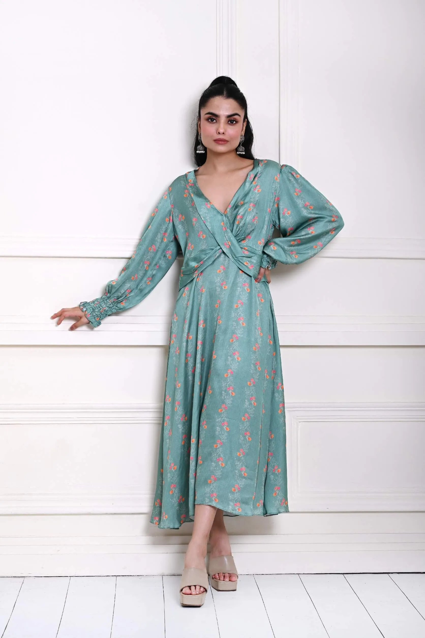 Ocean Blue Printed Wrap Dress in Satin Silk