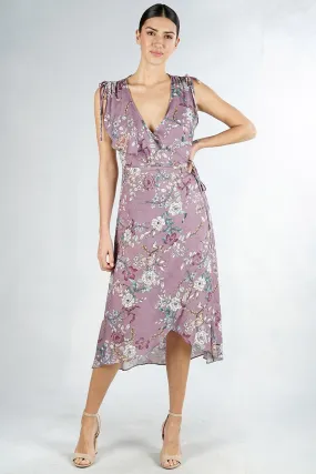 Pastel Floral Print Sleeveless Wrap Midi Dress