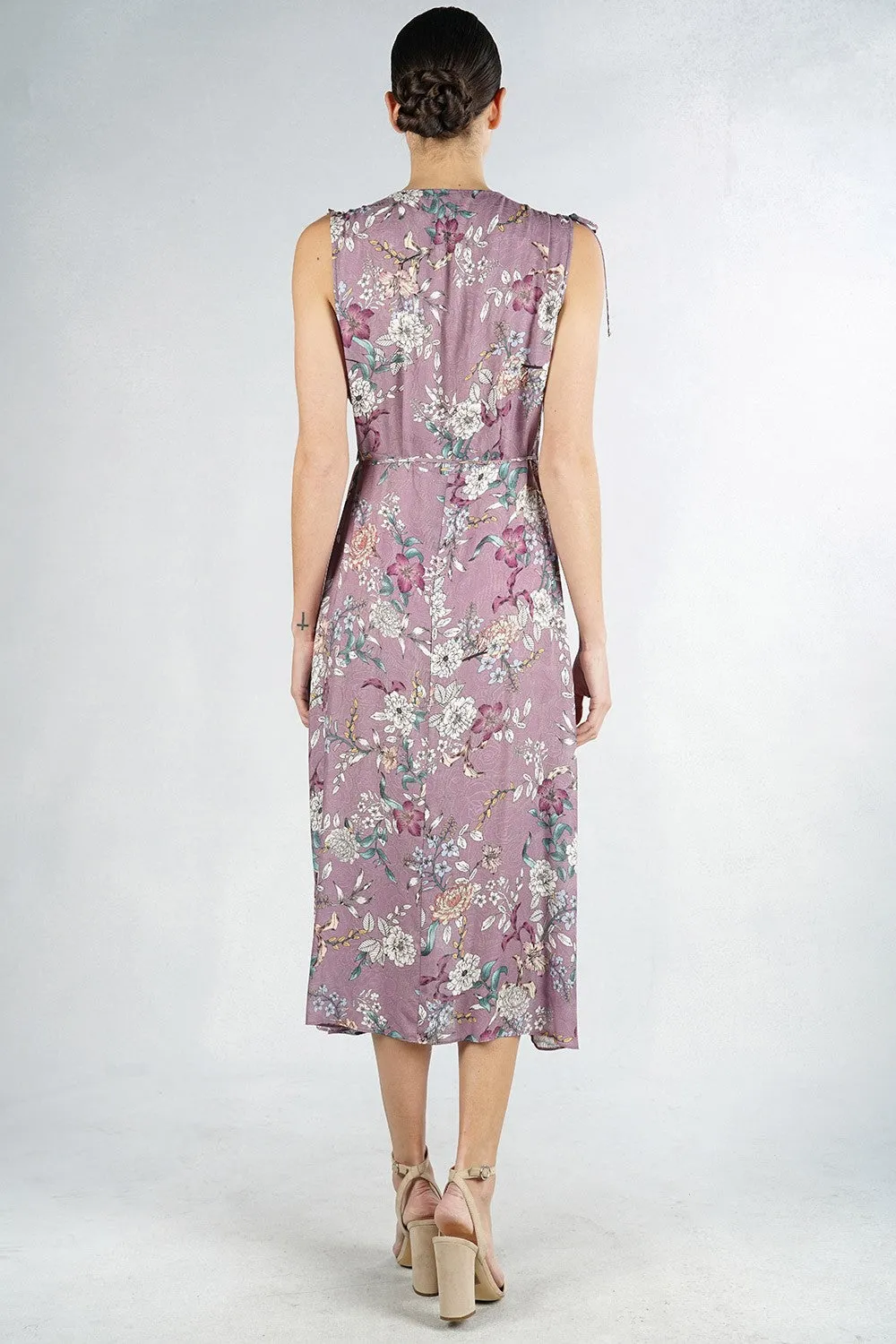 Pastel Floral Print Sleeveless Wrap Midi Dress
