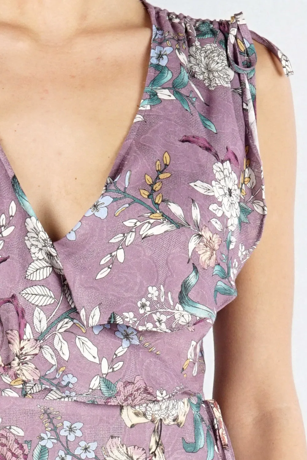 Pastel Floral Print Sleeveless Wrap Midi Dress