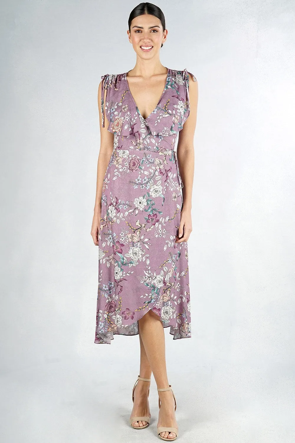 Pastel Floral Print Sleeveless Wrap Midi Dress