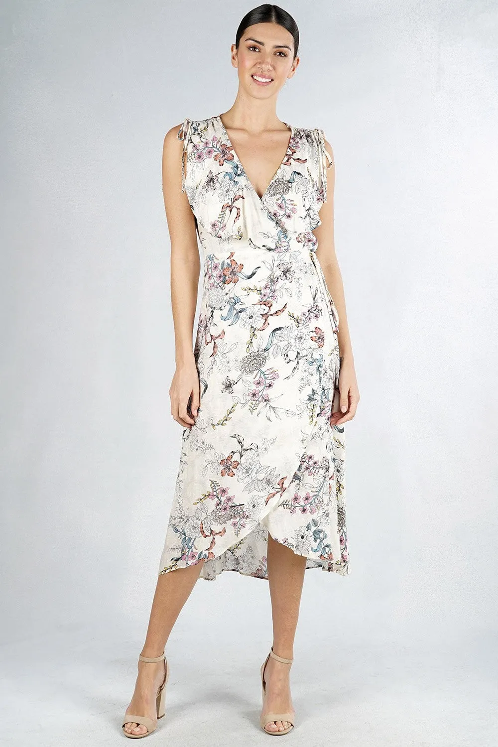 Pastel Floral Print Sleeveless Wrap Midi Dress