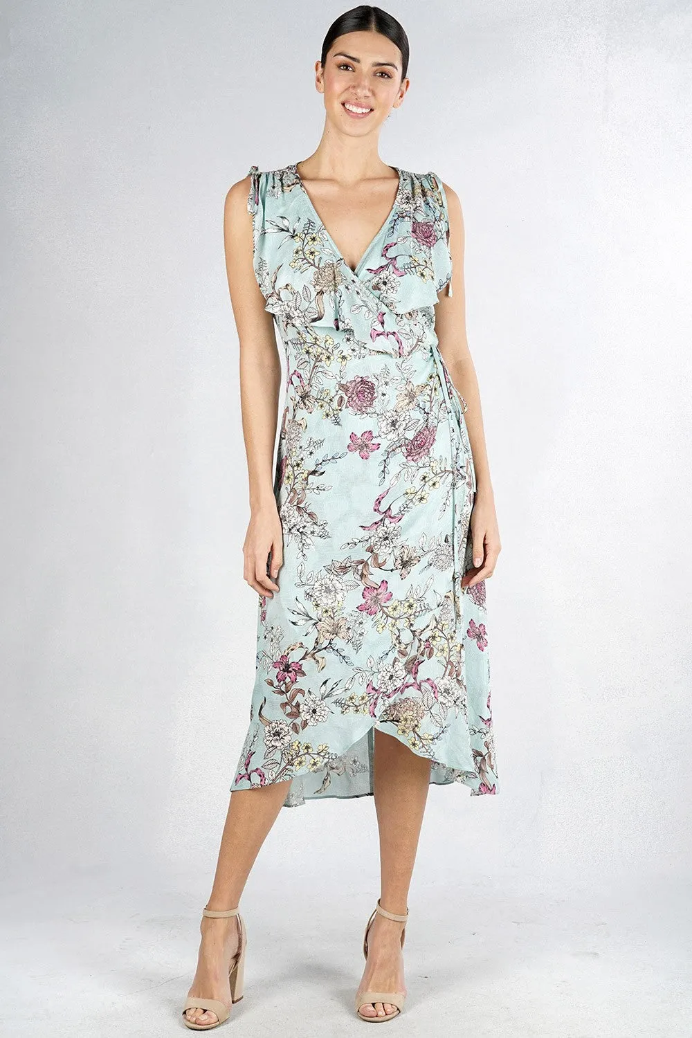 Pastel Floral Print Sleeveless Wrap Midi Dress