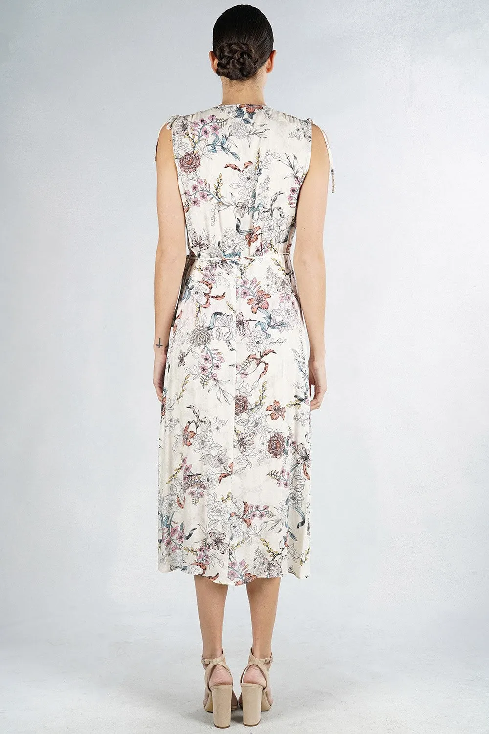 Pastel Floral Print Sleeveless Wrap Midi Dress