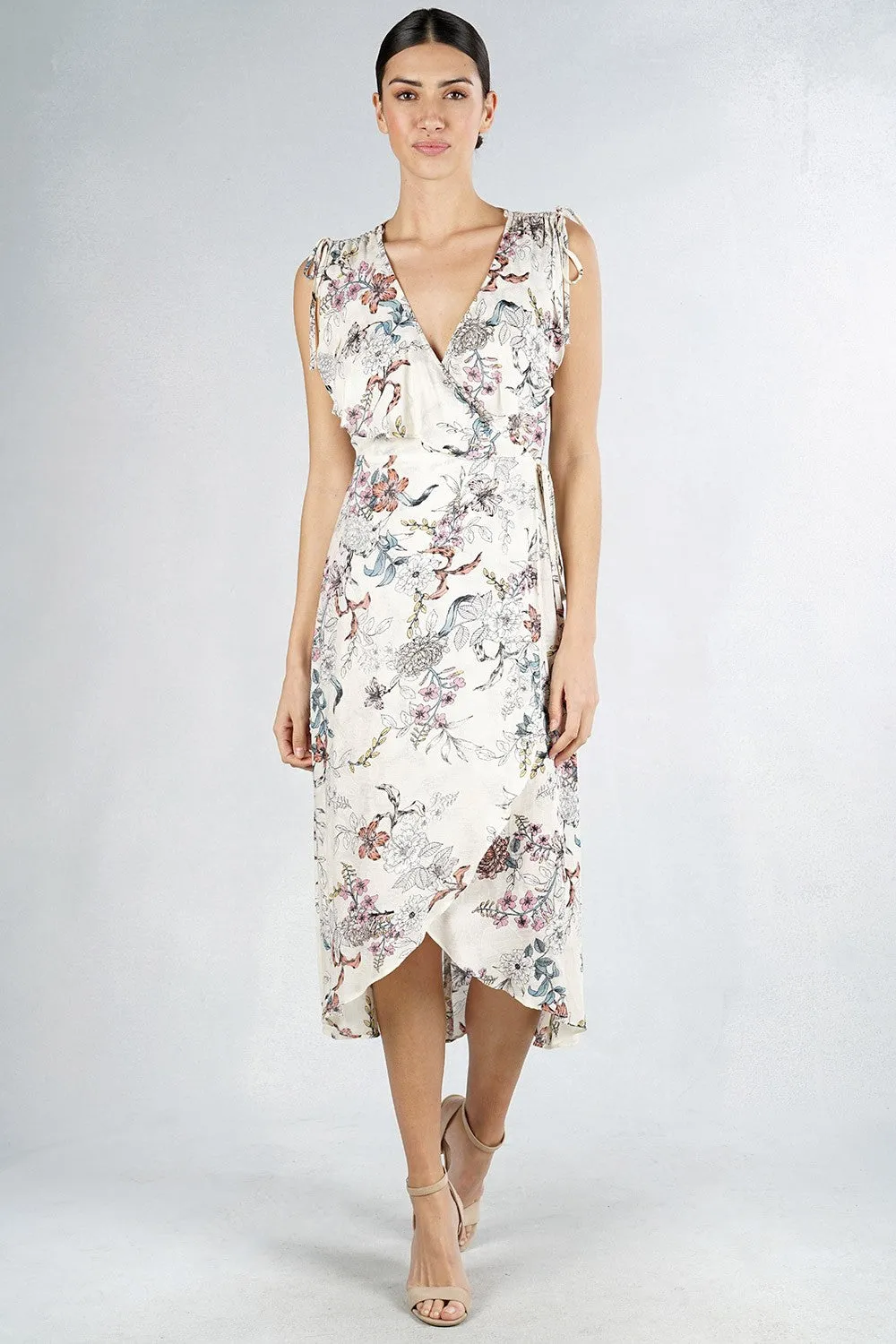 Pastel Floral Print Sleeveless Wrap Midi Dress