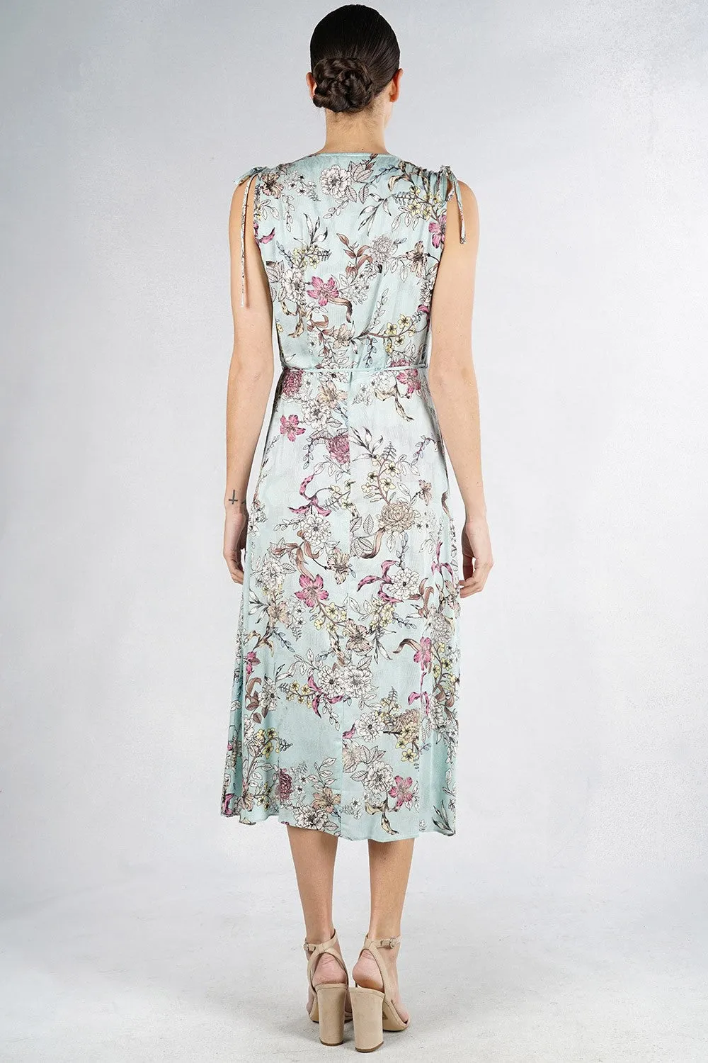 Pastel Floral Print Sleeveless Wrap Midi Dress