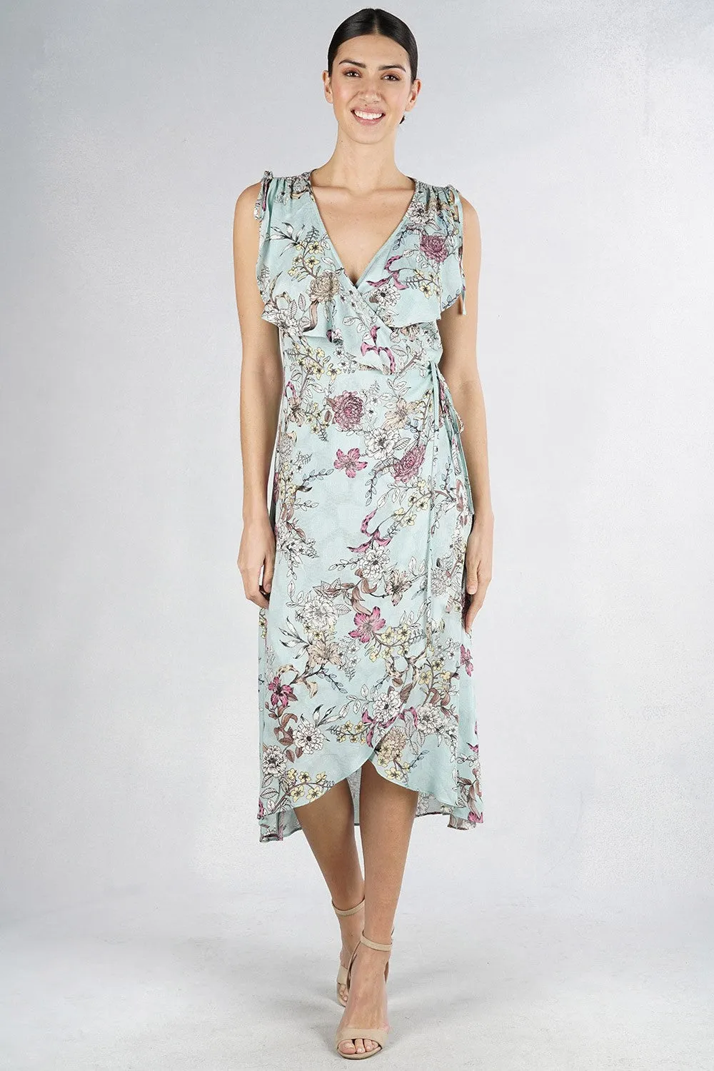 Pastel Floral Print Sleeveless Wrap Midi Dress