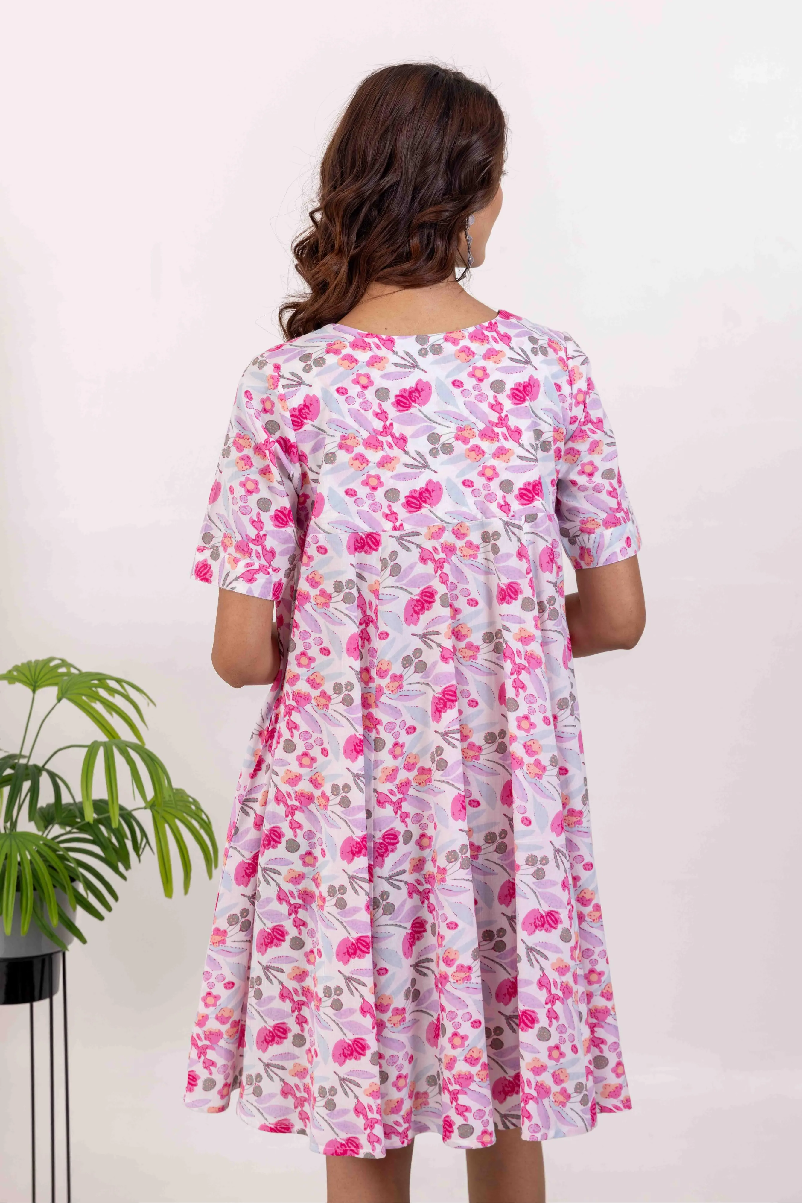 Pink Cotton Printed Short Summer Dress