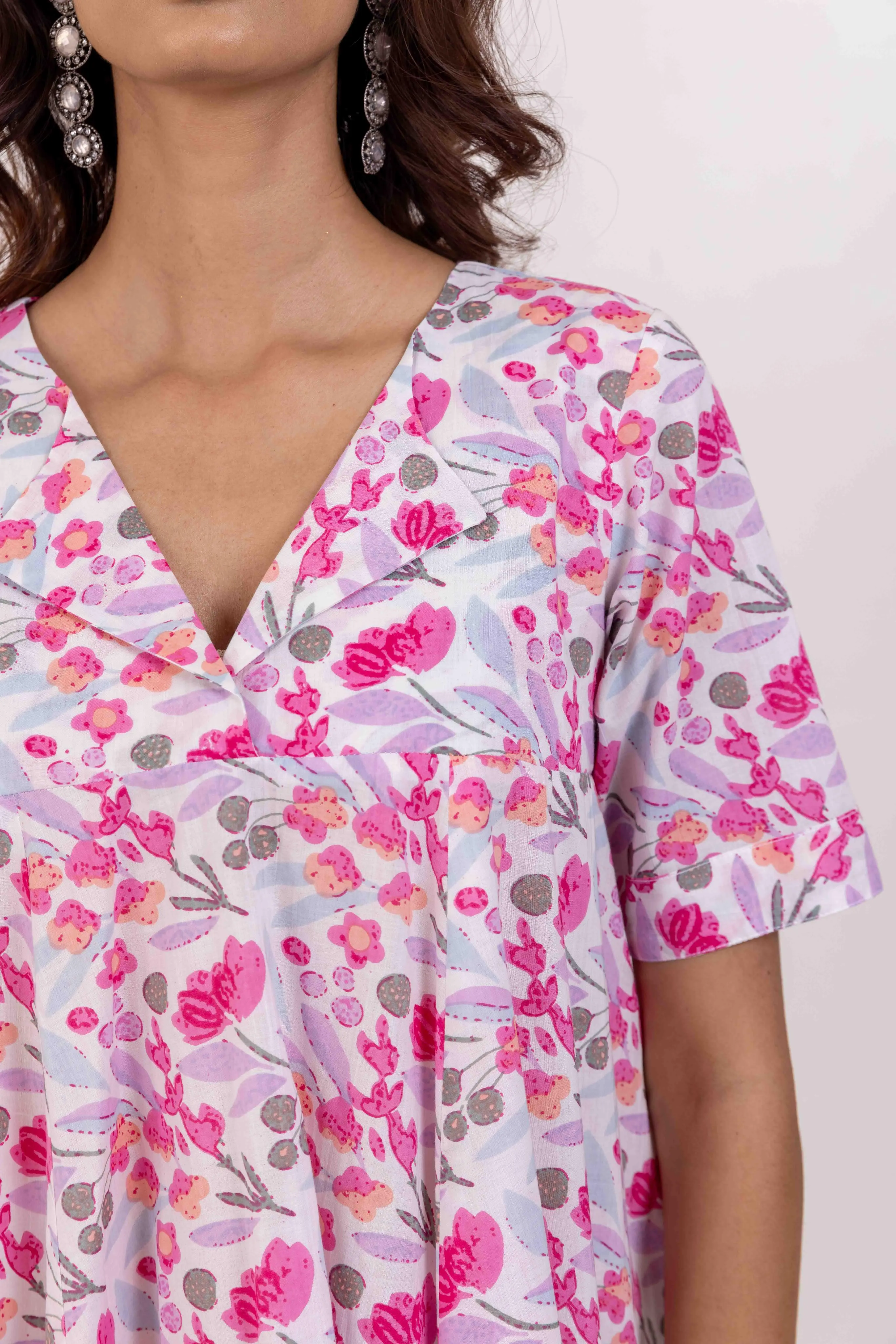 Pink Cotton Printed Short Summer Dress