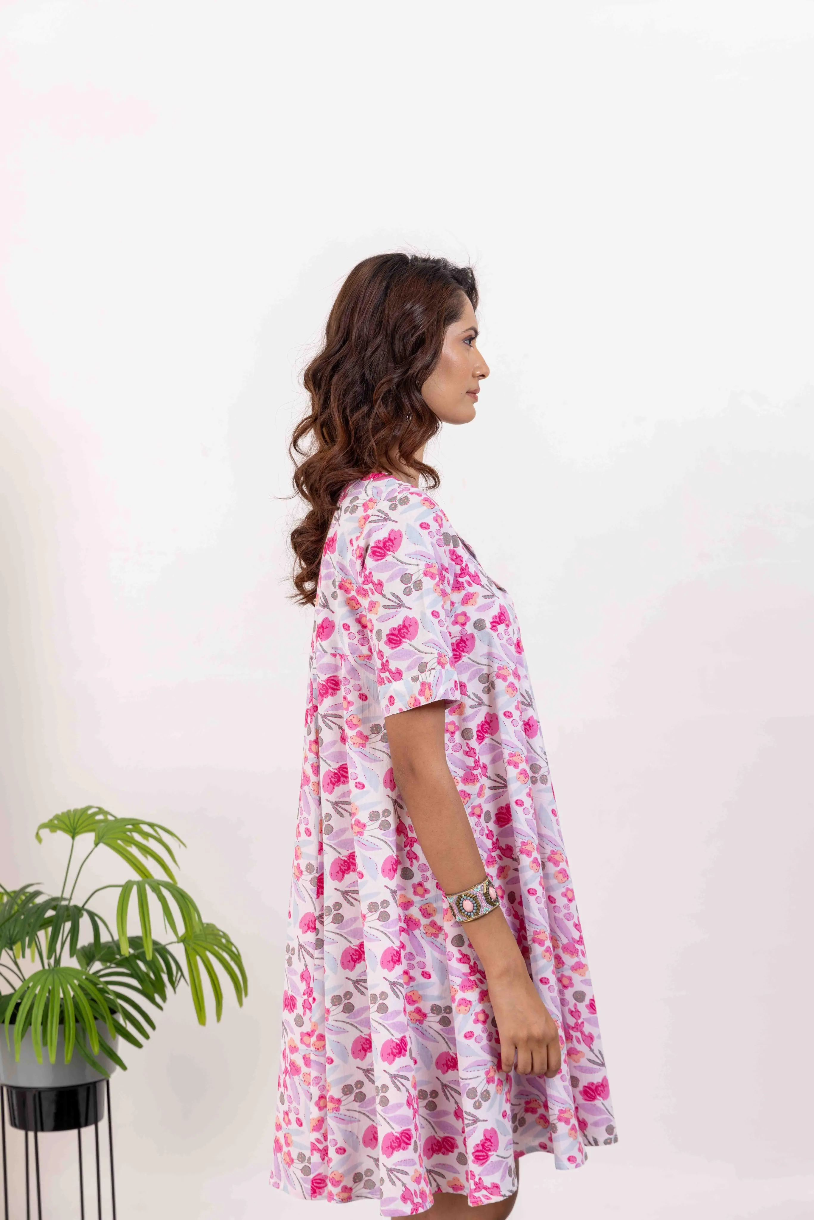 Pink Cotton Printed Short Summer Dress