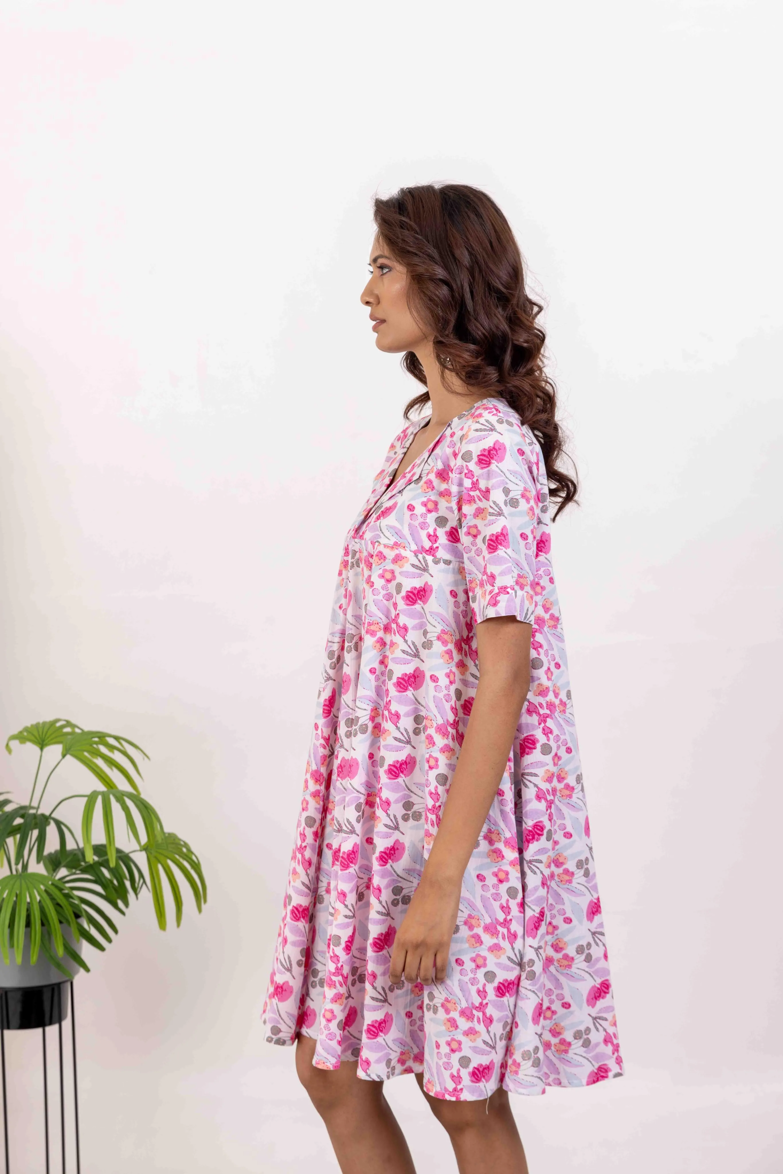 Pink Cotton Printed Short Summer Dress