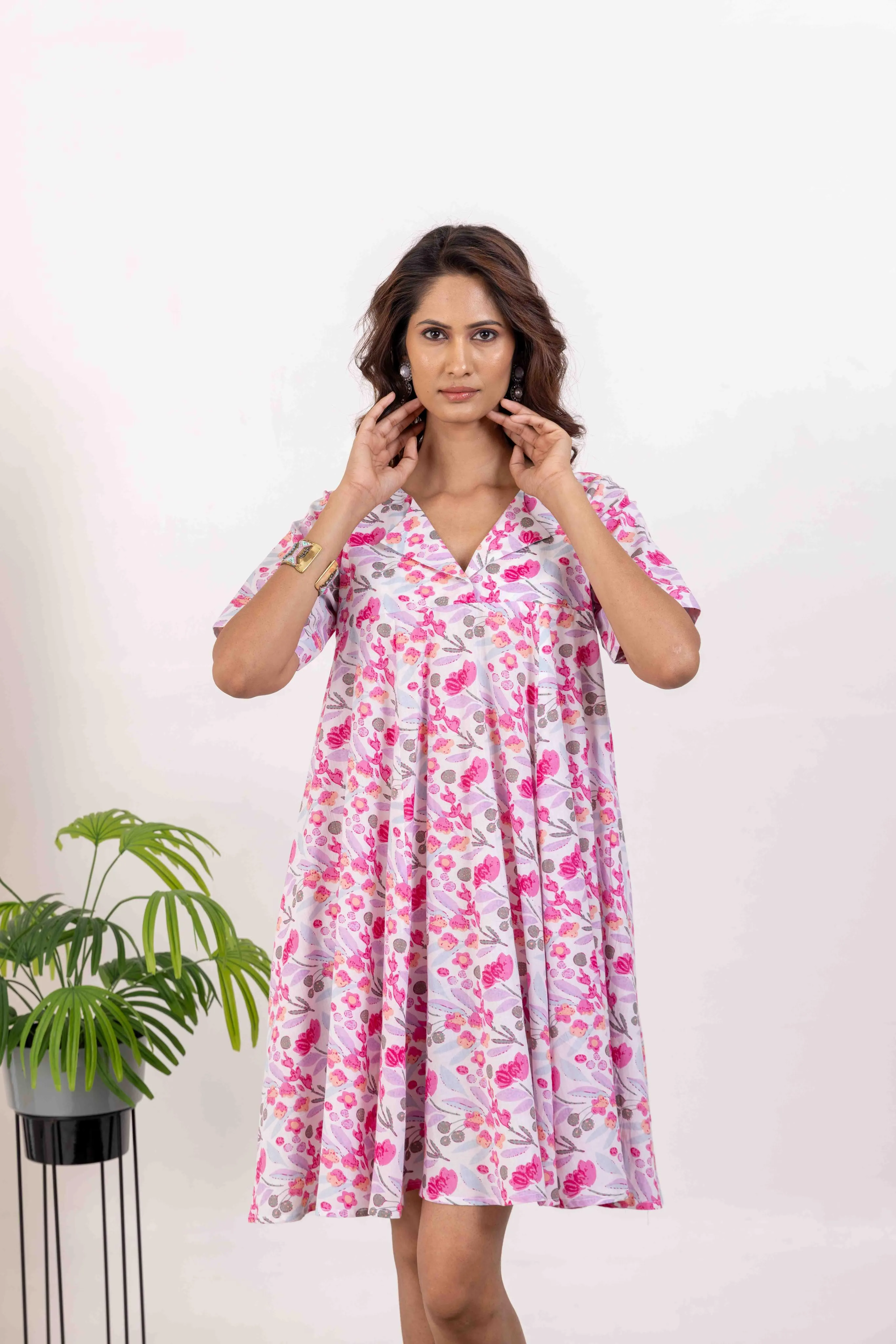 Pink Cotton Printed Short Summer Dress
